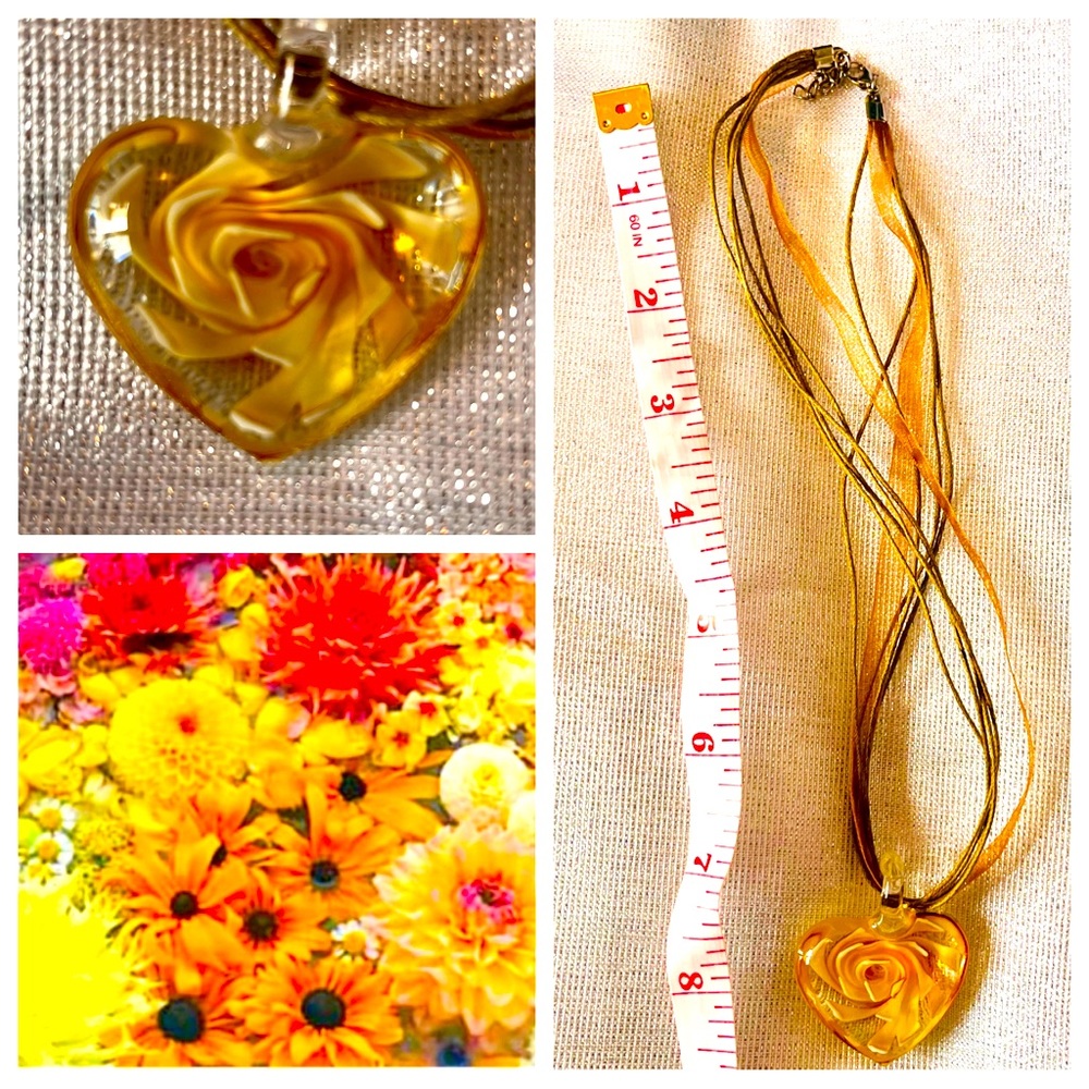 Yellow rose glass heart necklace